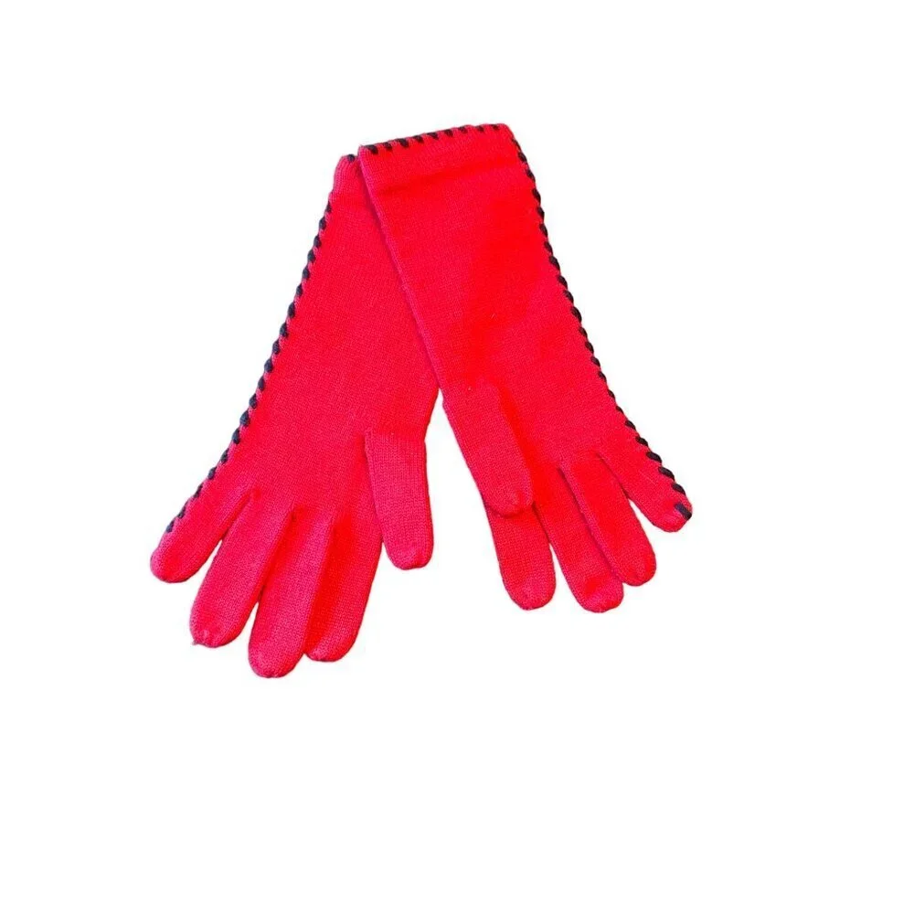 Vintage Red Knit Gloves With Black‎ Trim Approximate Size Medium